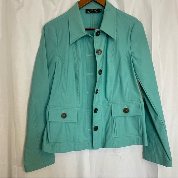 Tribal Jackets & Blazers - TRIBAL Women’s Teal Blue Fitted Utility Button Up Jacket Bronze Buttons Size‎ 10